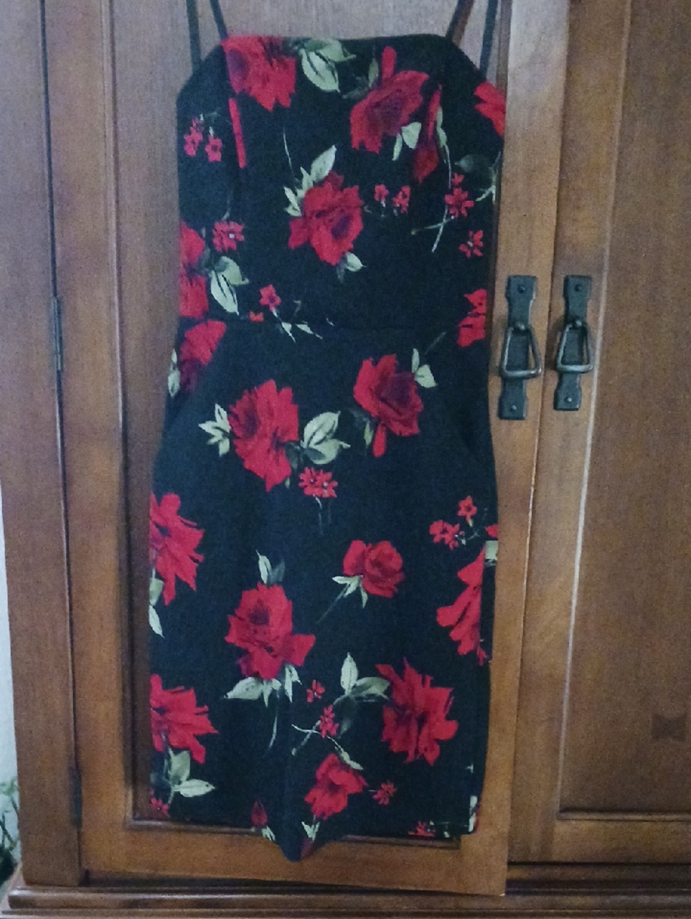 Black Strapless Dress with Red Floral Print